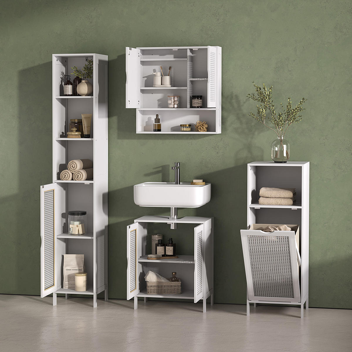 MIDI OMARICA Mincio, Bela, 36 x 98 cm s košaro za perilo - bela, leseni material (36/98/33cm) - Livinity®