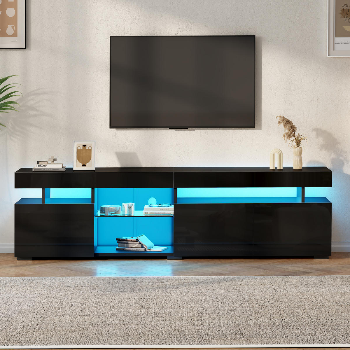 LOWBOARD in Schwarz Hochglanz-TV-Schrank mit verstellbaren Einlegeböden für Fernseher bis ca. 80 Zoll, B180/T35/H45 cm - Schwarz, Glas/Holzwerkstoff (180/45/35cm) - STILVORA