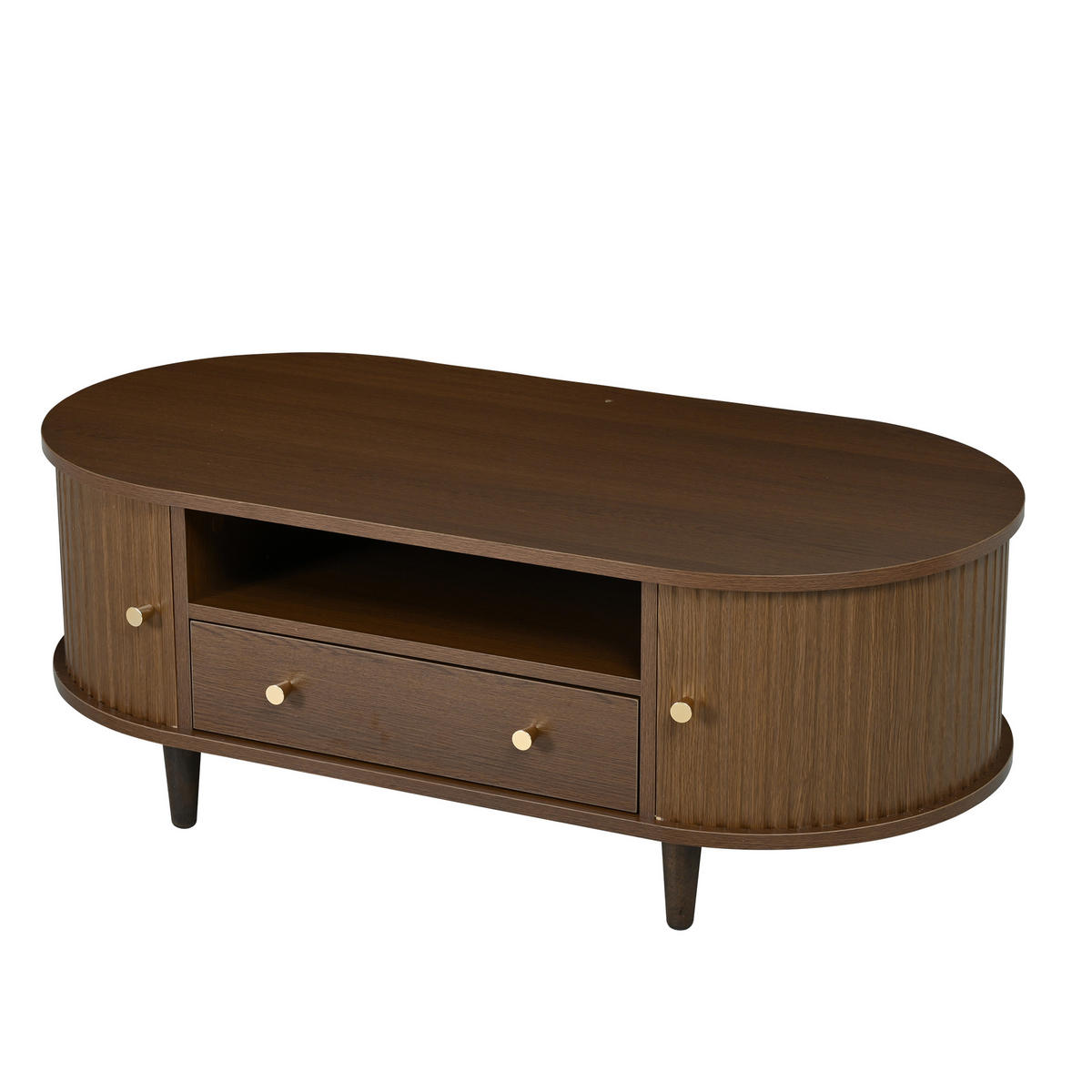 COUCHTISCH Ovales Design mit Rolltür & Schublade - Walnussfarben, Holzwerkstoff (50/100/36cm) - Urban Meuble