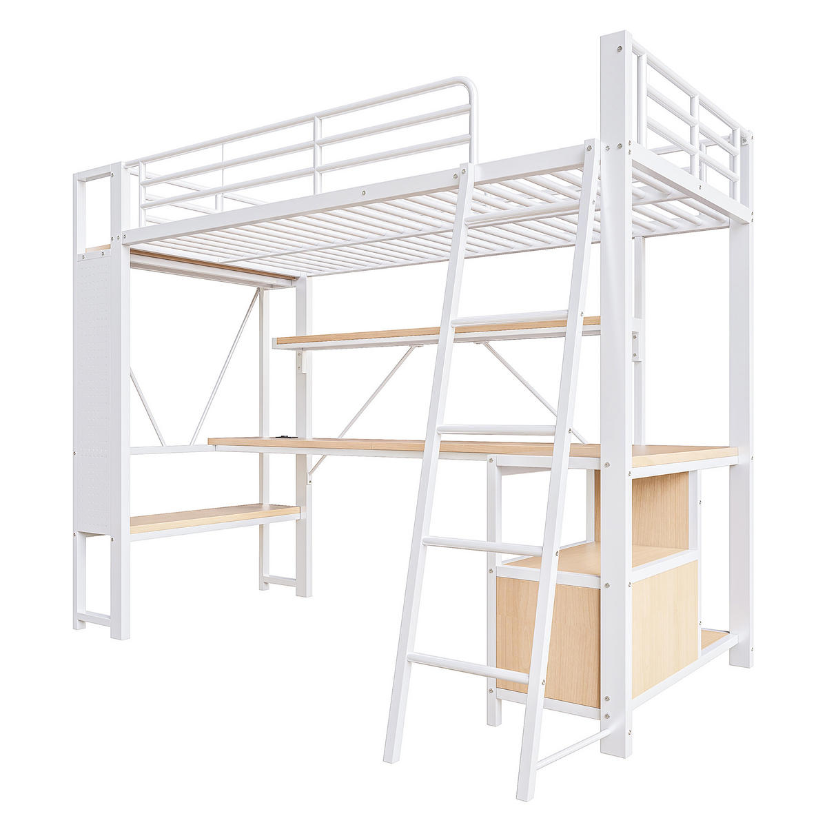 HOCHBETT 90/200 cm mit Schreibtisch, LED-Lichtleiste, Regalen, Lochwand und USB-Anschluss, Weiß - Weiß, Metall (90/200cm) - Redom