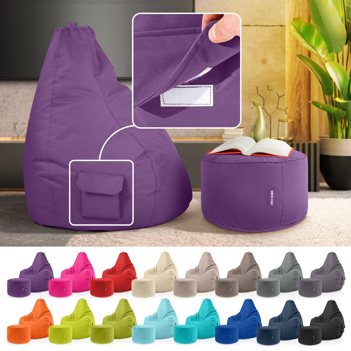 SITZSACK + Hocker "Cozy+Stay" 2er Set - Lila, Textil (70/90/80cm) - Green Bean