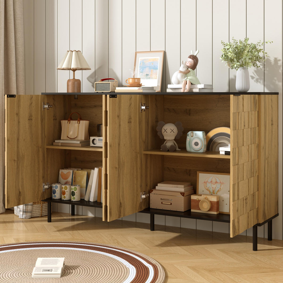 SIDEBOARD 160/35/80,5 cm in Natur mit 2 Türen und Mosaik-Front - Naturfarben, Holzwerkstoff (160/80/35cm) - Flora Grace