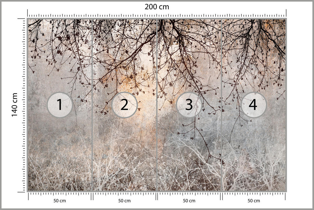 FOTOTAPETE Zweige Beton Pflanzen Abstraktion Retro 200x140 - Beige/Orange, Papier (200/140cm) - Muralo