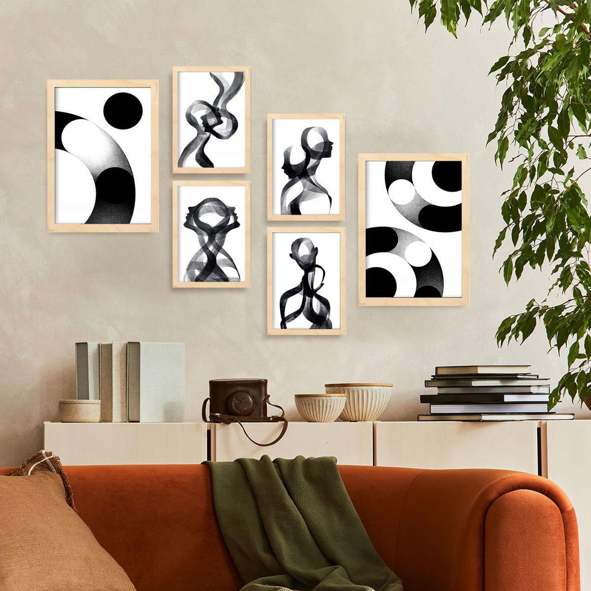 POSTER Set Mit 6 Stille Streifen In Liebhaber Abstrakt Ästhetische Dekorative Gemälde Für Ihr Wohnzimmer Zuhause A3 & A4 Rahmen Aus Hellem Holz - Beige, Papier (29/3cm) - Nacnic