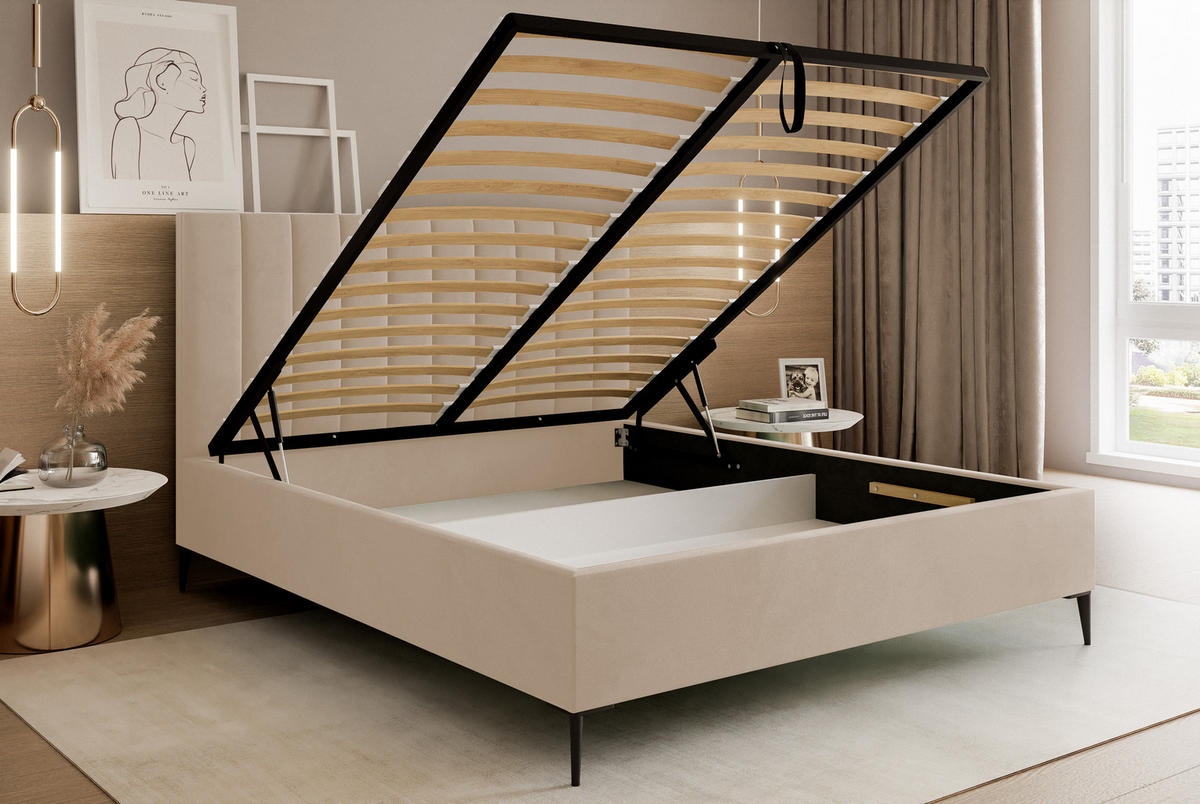 POLSTERBETT Mona SLIM III Polsterbett für Ihr Schlafzimmer in VELUTTO Stoff - 160x200 cm Beige - Beige/Schwarz, Holz/Holzwerkstoff (160/200cm) - DomoHome
