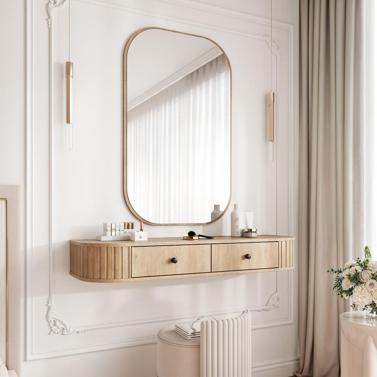 SCHMINKTISCH OVALINE mit Spiegel, 123 cm Cremona-Eiche - Eichefarben/Goldfarben, Holzwerkstoff/Metall (123/17.5/36cm) - Idohome