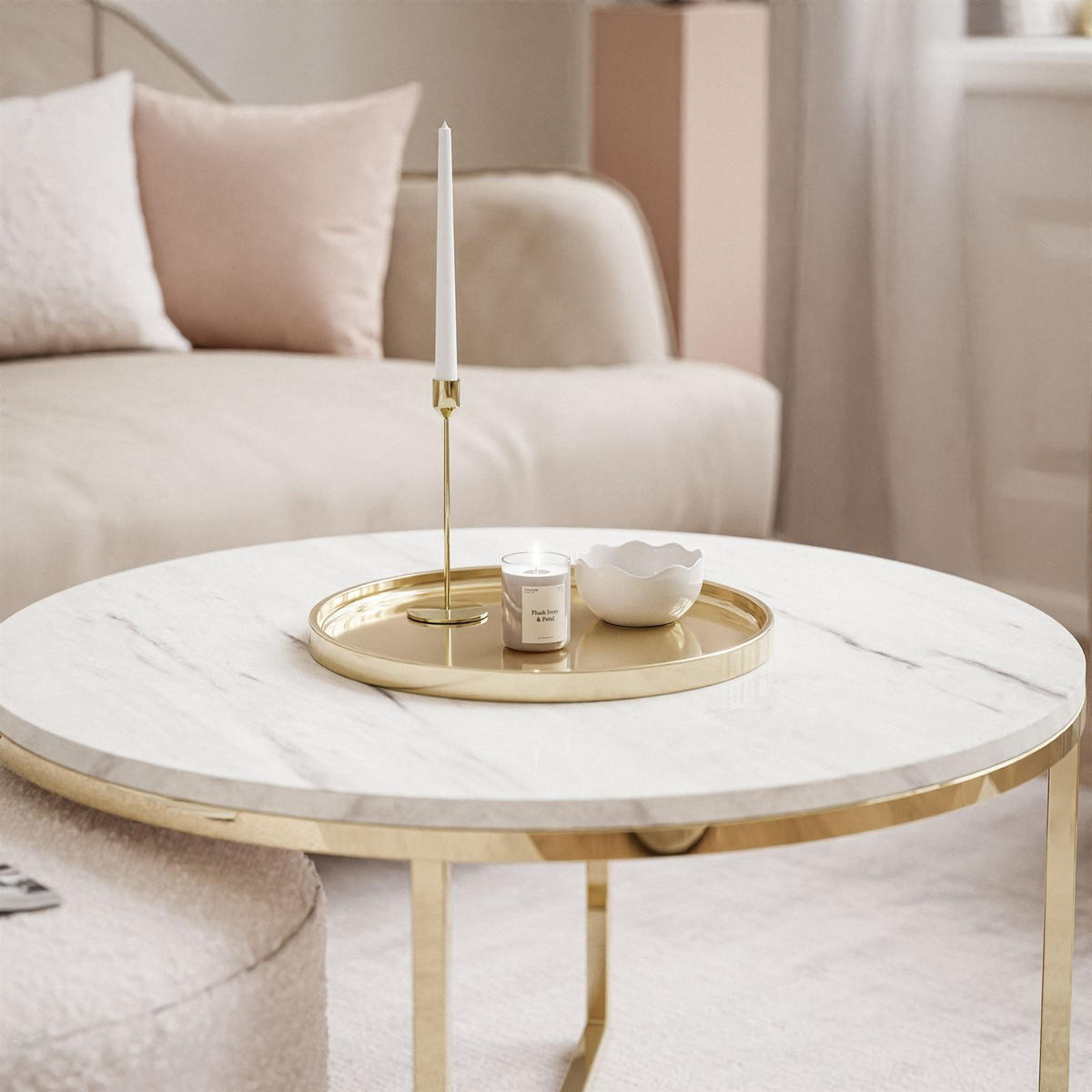 COUCHTISCH CIRI-X mit Hocker Gold Chrom|Marmor Levanto|Ascot taupe - Goldfarben/Weiß, Holzwerkstoff/Textil (70/70/46cm) - Lookway