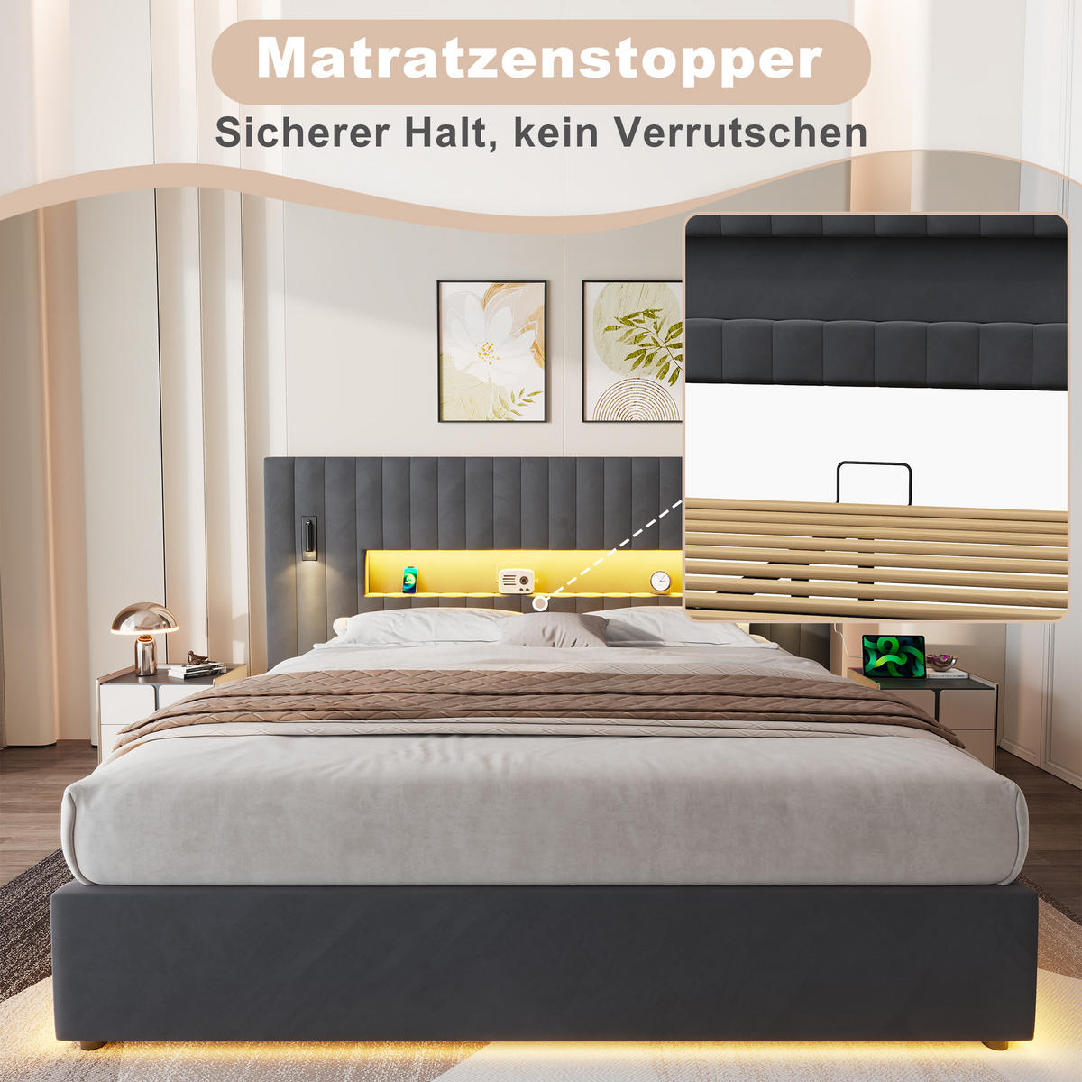 ČALÚNENÁ posteľ 180/200 cm tmavosivá zo zamatu s hydraulickým úložným priestorom a LED čítacím svetlom - tmavosivá, textil (180/200cm) - Modfu