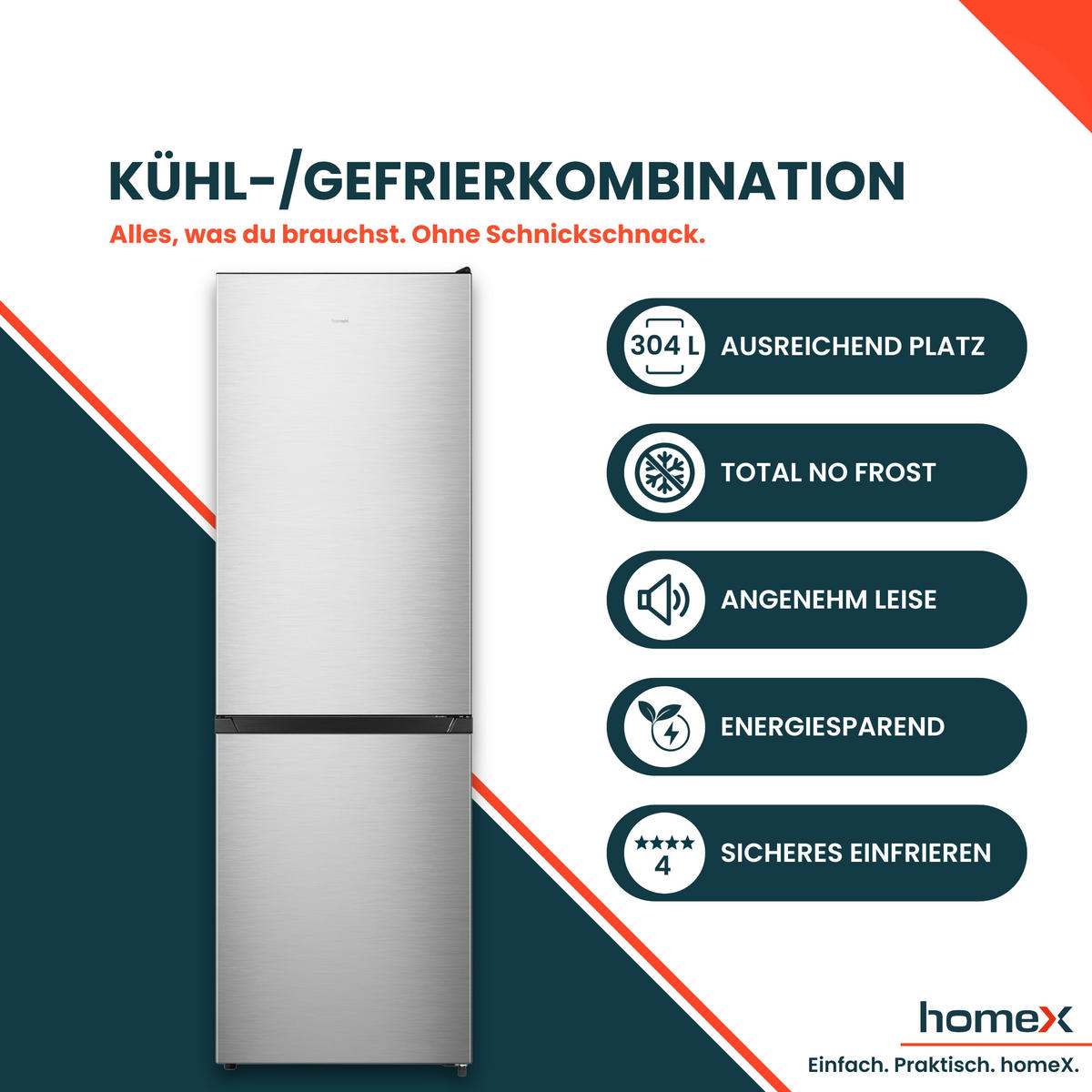 KÜHL-GEFRIER-KOMBINATION, No Frost, freistehend, groß, Kühlschrank mit Gefrierfach - 304 Liter, EEK A, leise 35 dB - Silberfarben, Glas/Kunststoff (59.5/187.3/59cm) - homeX
