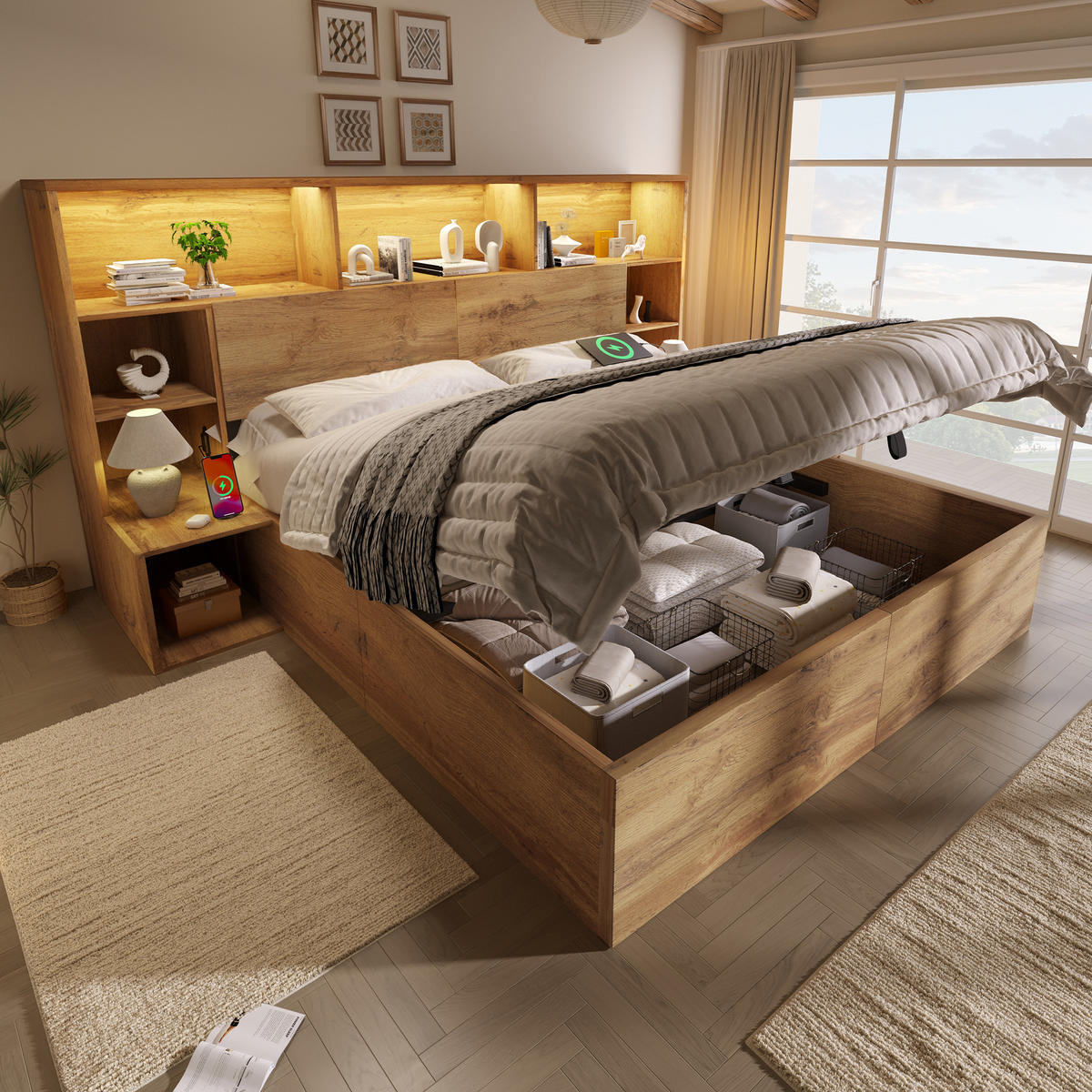 BETT 180/200 cm in Eiche mit Stauraum, LED, USB und Type-C - Eichefarben, Holzwerkstoff/Textil (180/200cm) - WISHDOR
