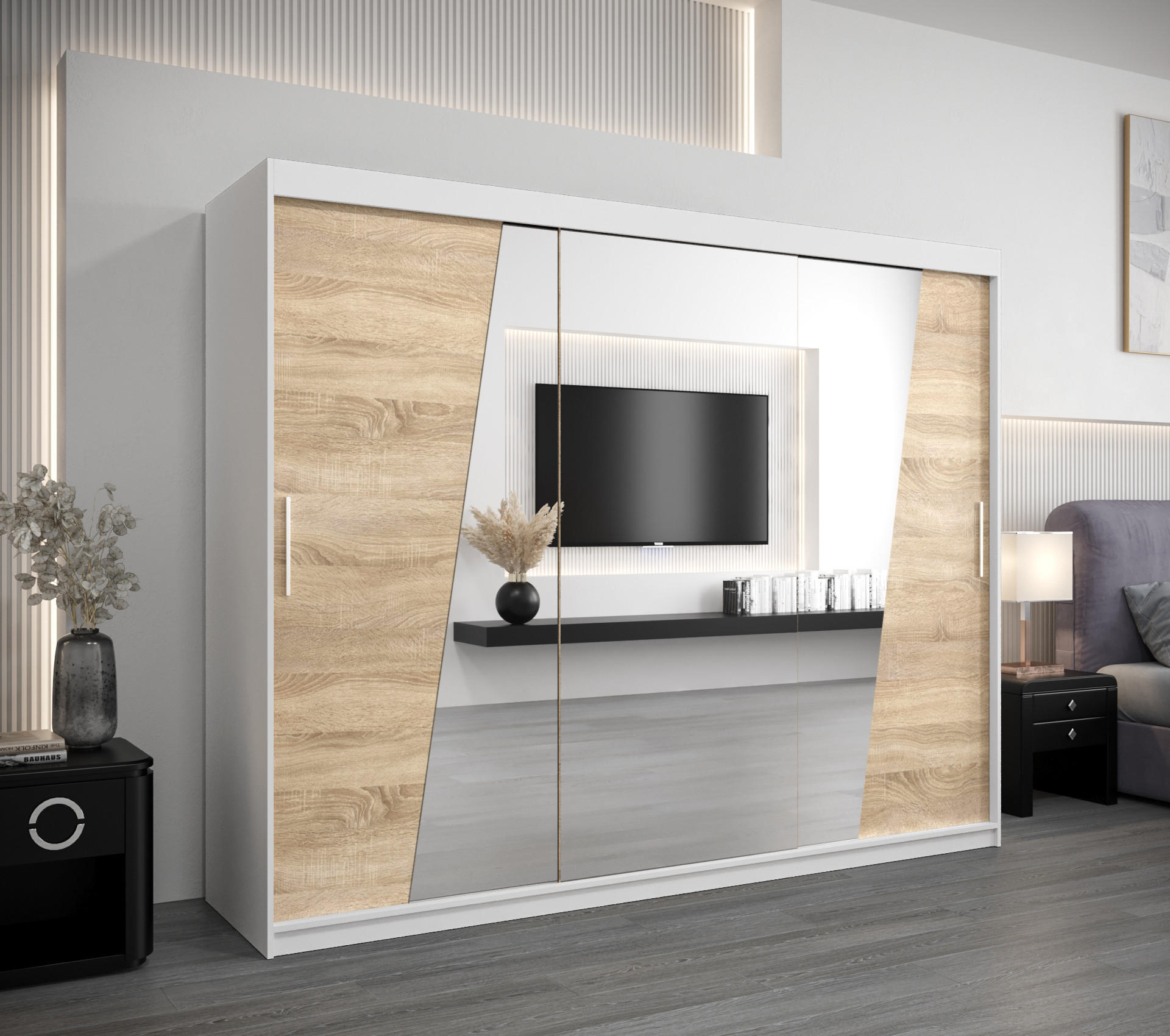 SCHWEBETÜRENSCHRANK 200/250/62 3-türig - Silberfarben/Weiß, Holz/Kunststoff (250/200/62cm) - Abiks Möbel