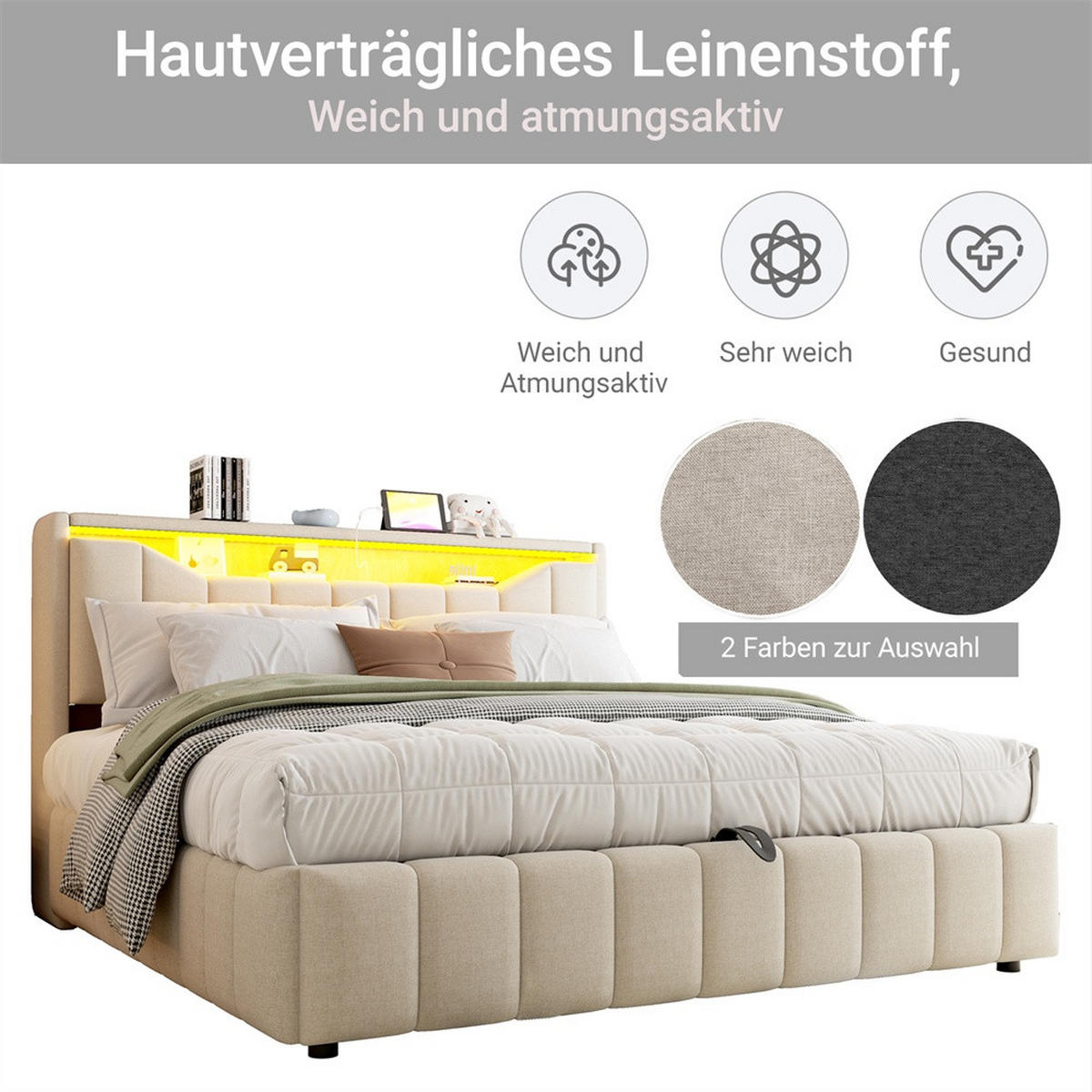 POLSTERBETT 180x200 cm mit hydraulischem Stauraum - klappbarem Kopfteil, LED & USB - Beige - ohne Matratze - Beige, Textil (180/200cm) - DELFA
