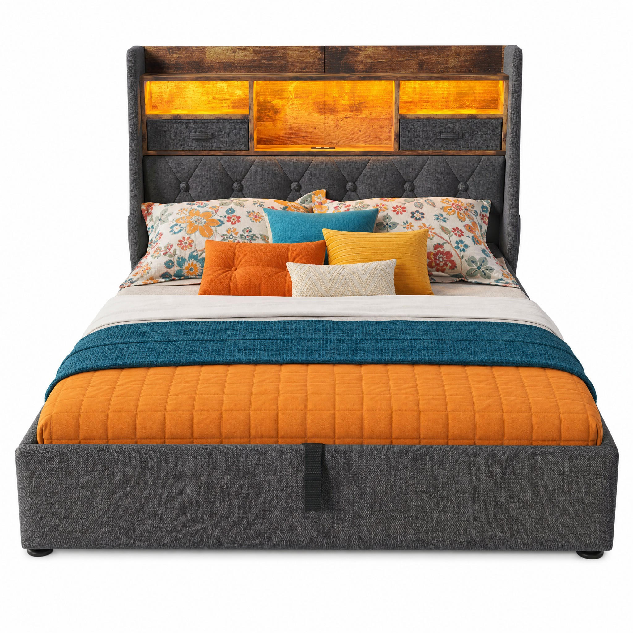 POLSTERBETT 160/200 cm in Grau mit Bettkasten, LED, USB und Type-C Leinen Retro-Design - Grau, Holzwerkstoff/Textil (160/200cm) - STILVORA