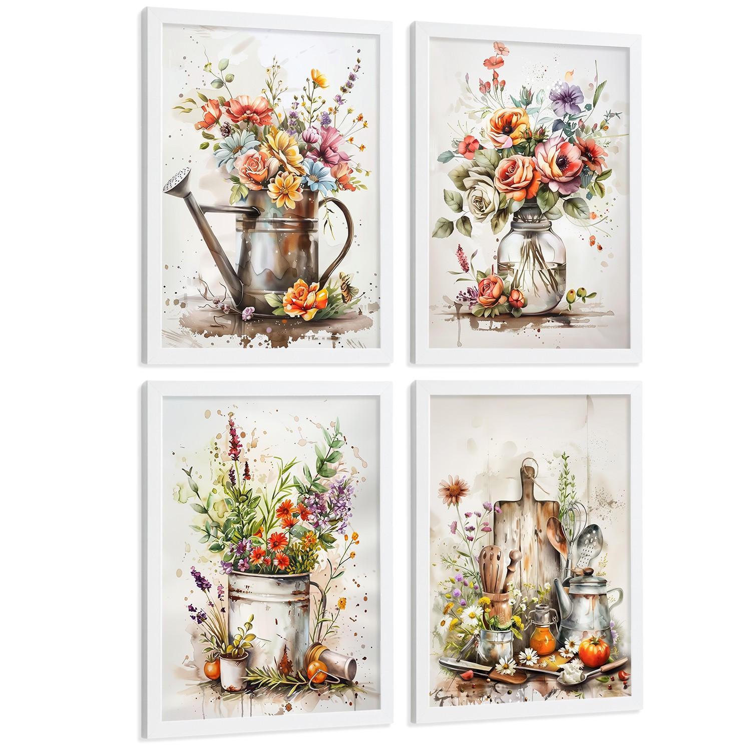 POSTER 4er Set Blumen Küchen-Wandbilder Gießkanne Vase Utensilien Botanisches Aquarell Wohnzimmer Deko Weißer Rahmen A4 - Weiß, Papier (29.7/1/21cm) - Nacnic