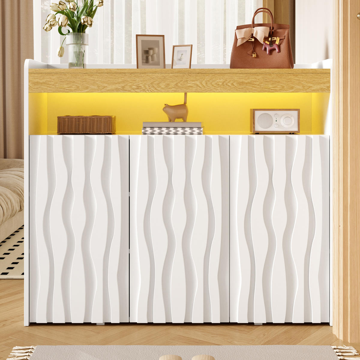 SIDEBOARD Schuhschrank LED 3 Türen Wellenmuster Ablagen 105cm - Multicolor, Holzwerkstoff (105/90.5/35cm) - FLIEKS