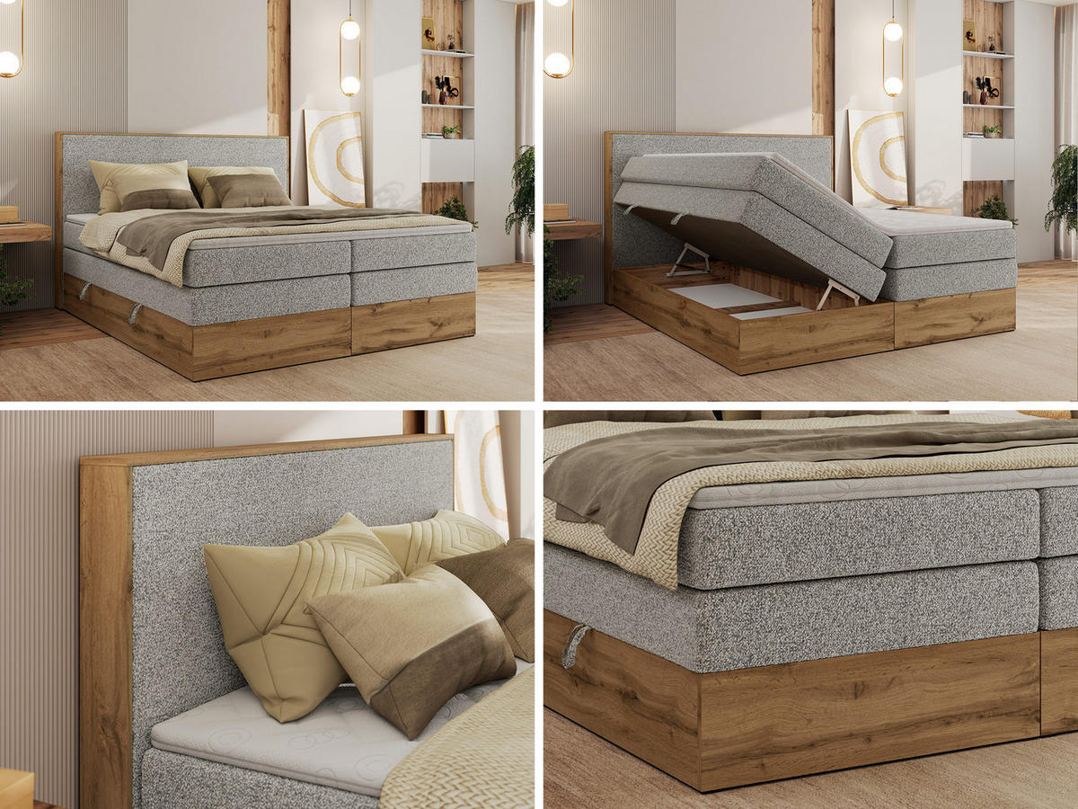 BOXBETT WOOD CLASSIC KING 180/200 - Hellgrau Strukture - H3 - Hellgrau, Textil (180/200cm) - MKS
