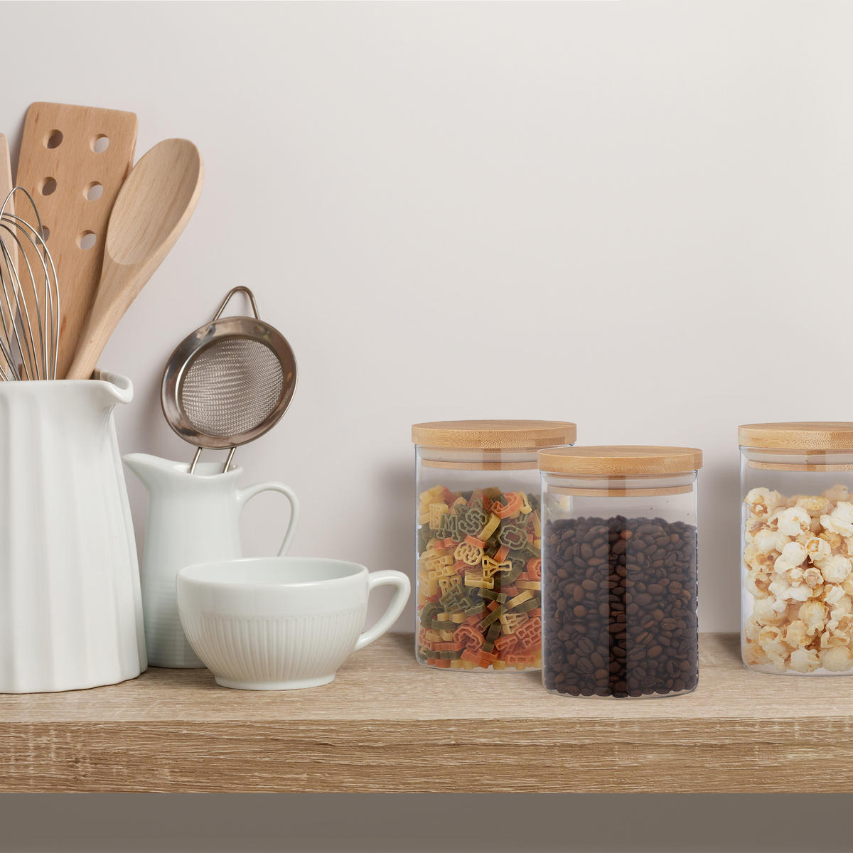 4xVORRATSGLAS - Transparent, Glas/Holz (10/14/10cm) - Relaxdays