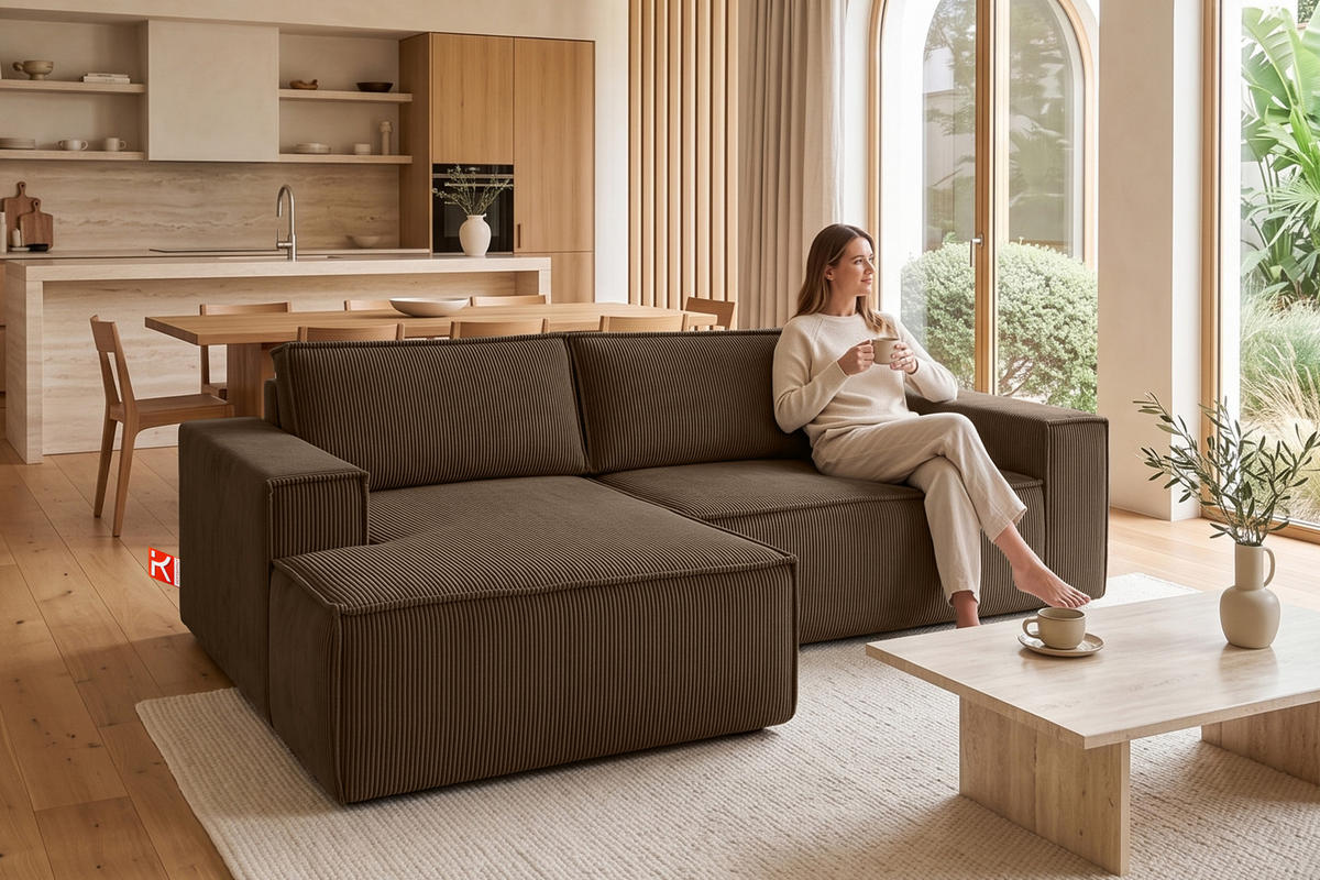 ECKSCHLAFSOFA-LINKS NAPI in Pet Friendly Cord-Stoff, dunkelbraun - Dunkelbraun/Schwarz, Textil (262/148cm) - KONSIMO®