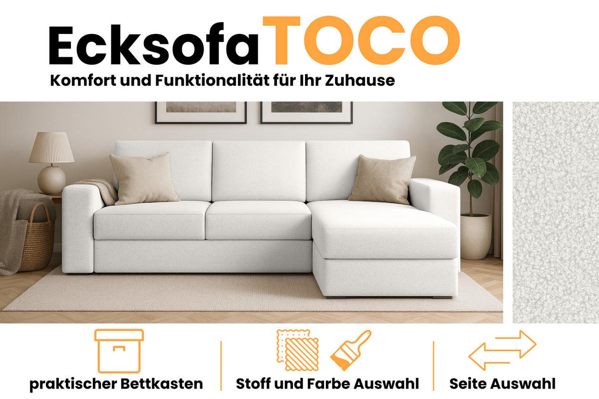 ECKSOFA TOCO L 240x145 cm in Boucle Weiß rechts - Beige, Holz/Holzwerkstoff (240/145cm) - Deine Möbel 24