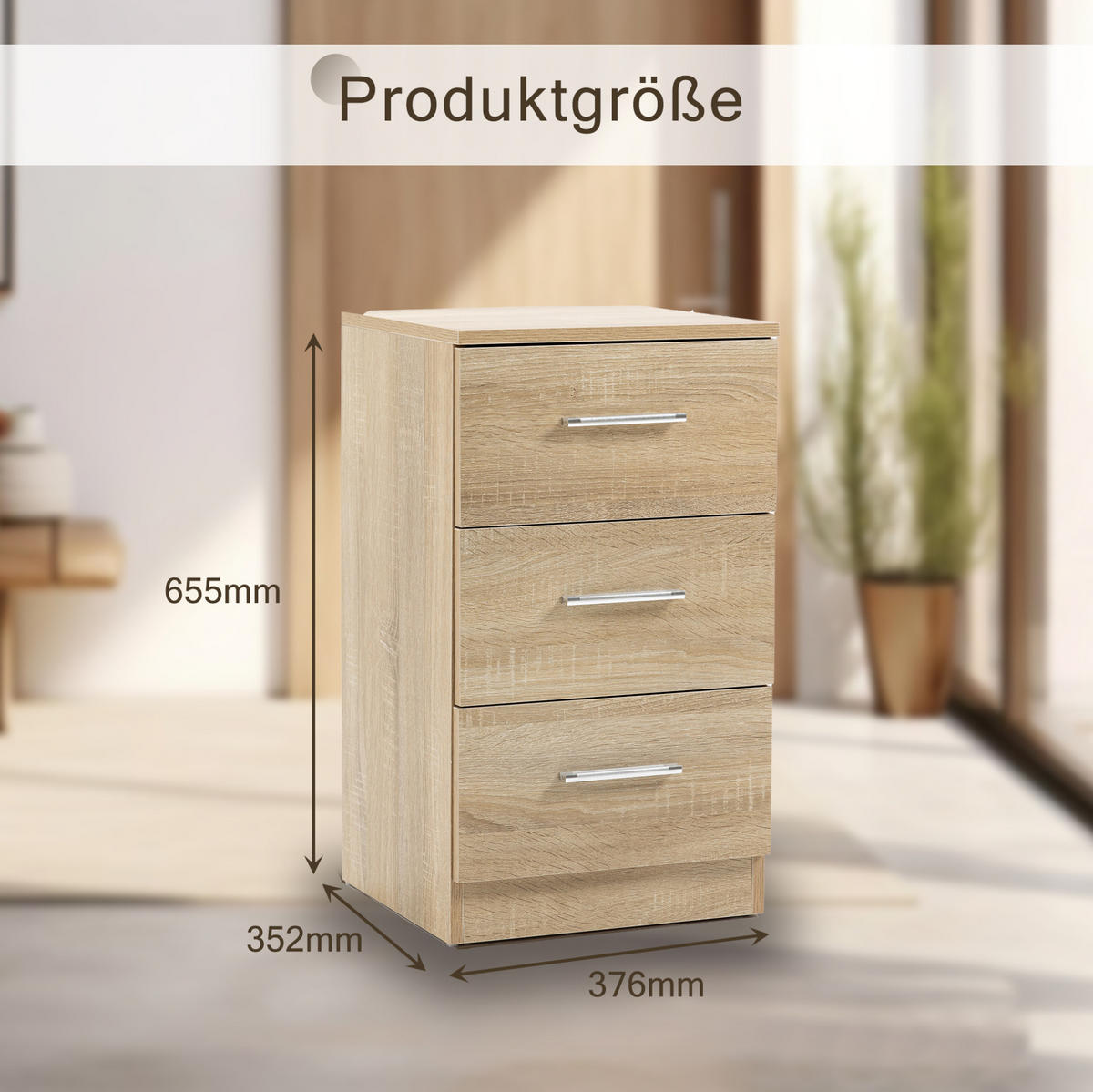 NACHTTISCH mit 3 Schubladen 37,6/35,2/65,5 cm in Natur – kompakt und stauraumstark - Weiß, Holzwerkstoff (35.2/65.5/37.6cm) - BEAOK