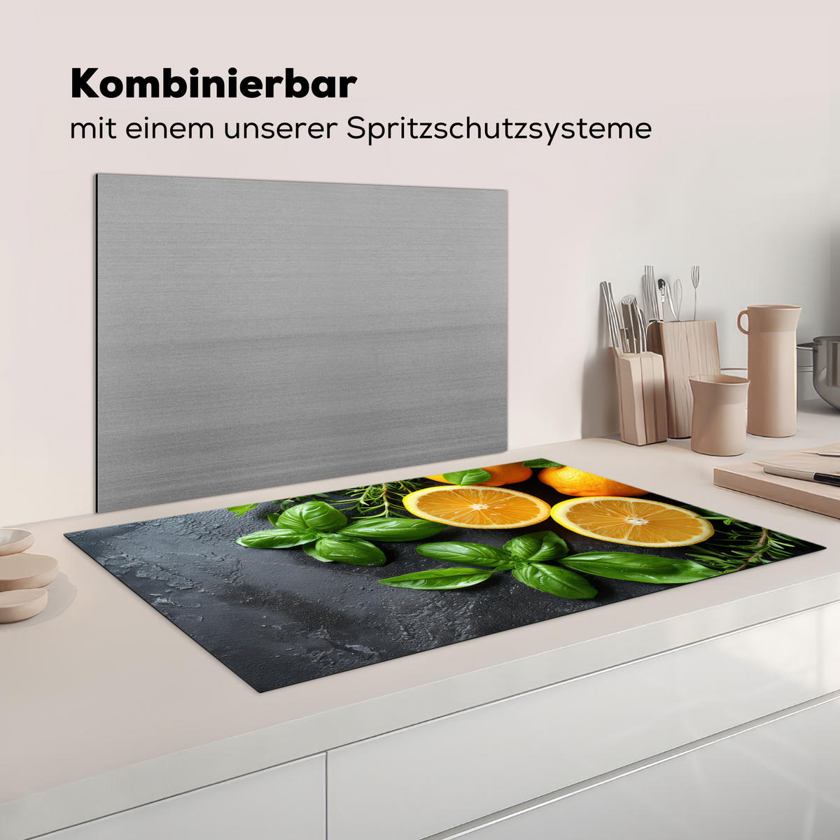 HERDABDECKPLATTE Obst - Grau - Konkret - Orange - Pflanzen Ceranfeldabdeckung 90x52 cm - Anthrazit, Kunststoff (90/52/0.2cm) - MuchoWow