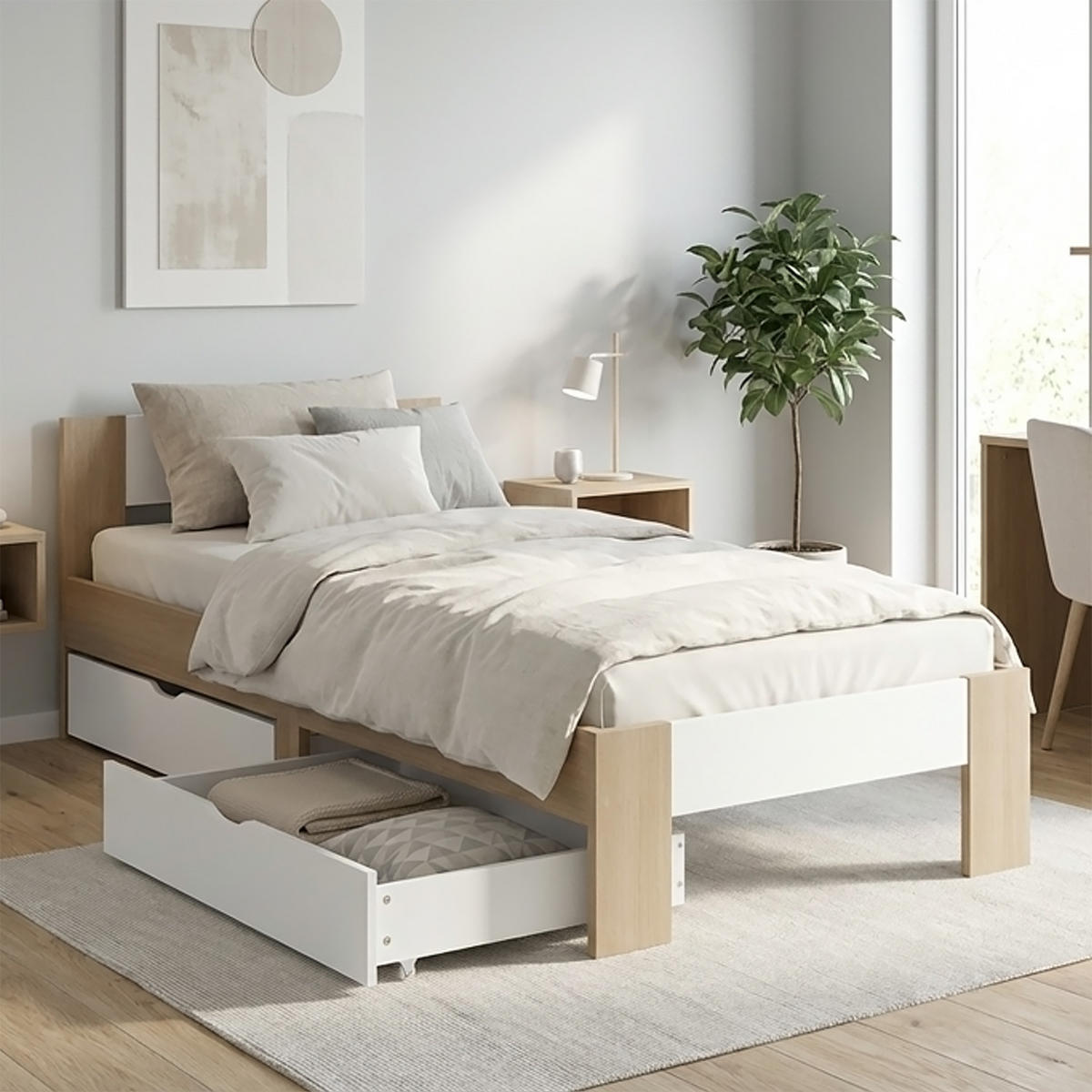 HOLZBETT Braun Weiß 90/200 cm mit Federkernmatratze und 2 Bettkästen - Braun, Holz (90/200cm) - Homestyle4u