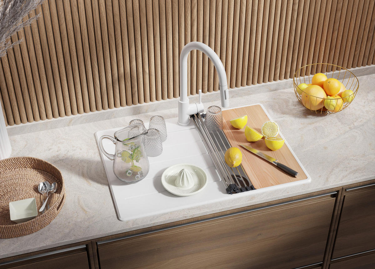 SPÜLBECKEN Kopenhagen, 2-er set Weiß 70/50 cm 1 Becken + Ablauf-Set + Schneidebrett ab 40er Unterschrank - Chromfarben/Beige, Kunststoff (70/20/50cm) - Primagran