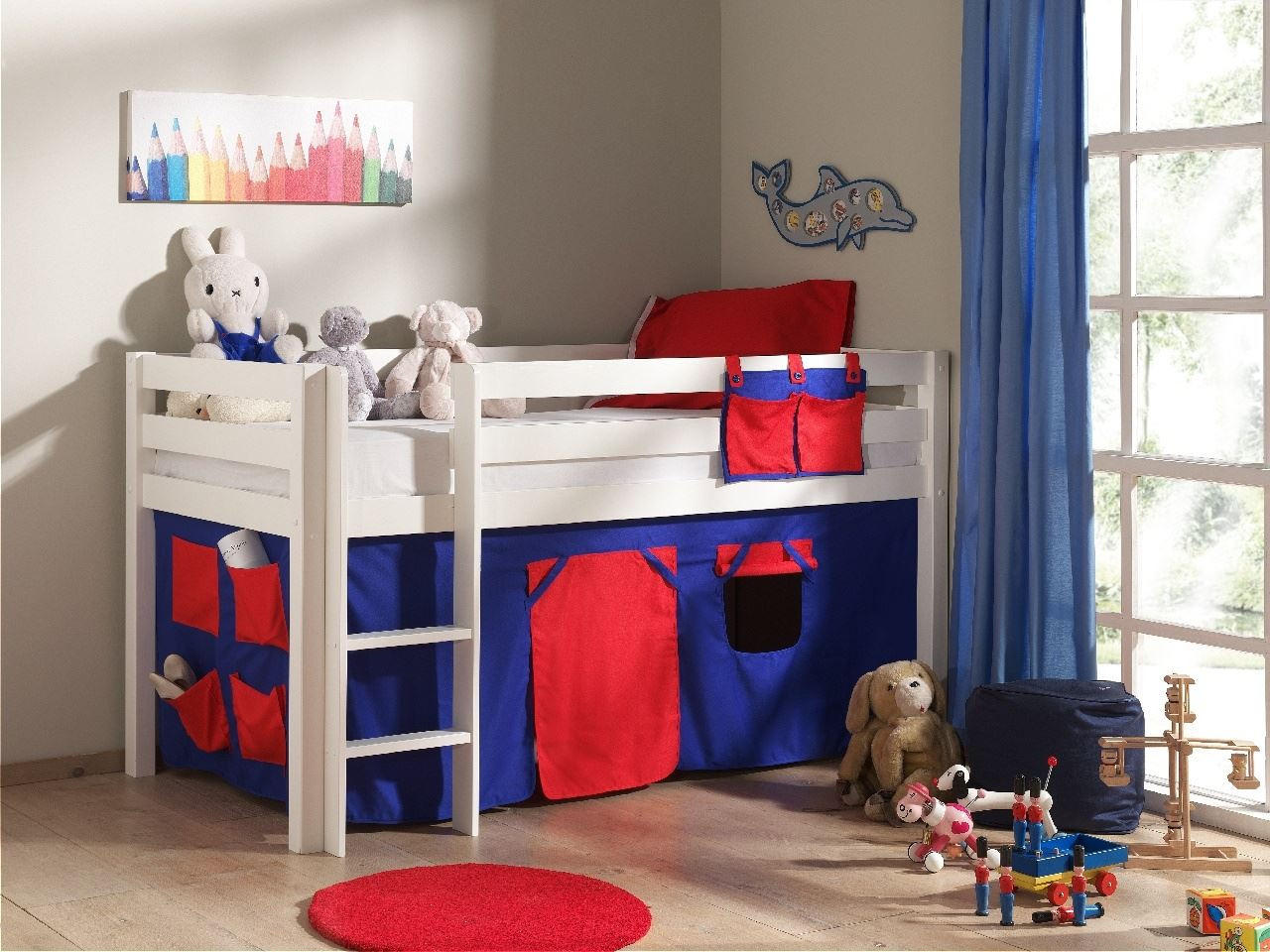 KINDERBETT Karolina 210x114x106 Massivholz Weiß Textilset Domino - Weiß/Dunkelblau, Holz (90/200cm) - 58aufmkessel