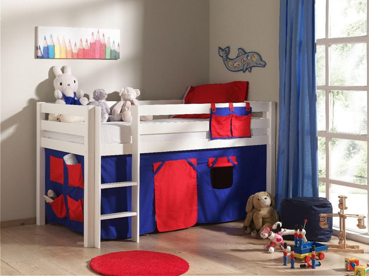 KINDERBETT Karolina 210x114x106 Massivholz Weiß Textilset Domino - Weiß/Dunkelblau, Holz (90/200cm) - 58aufmkessel