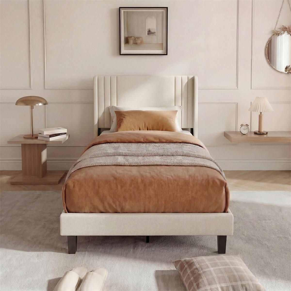 POLSTERBETT 90 x 200 cm aus Leinen mit gepolstertem Kopfteil - tabile Bettbeine ohne Matratze - Beige - Beige, Textil (90/200cm) - DELFA