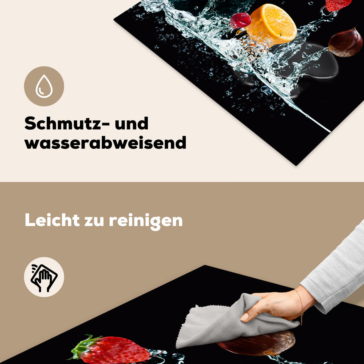 HERDABDECKPLATTE Wasser - Obst - Orange - Erdbeere - Kirsche - Schwarz 77x59 cm - Orange, Kunststoff (77/59/0.2cm) - MuchoWow