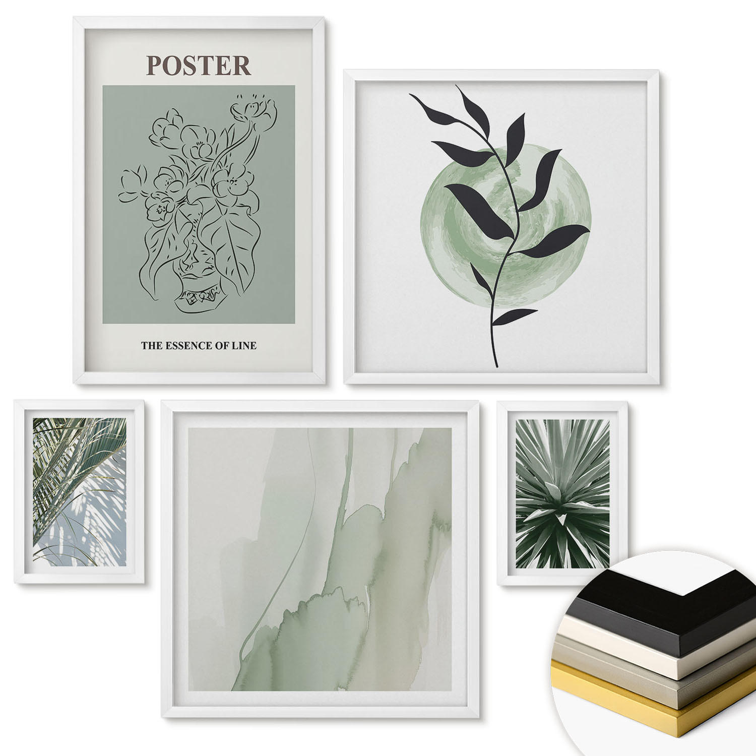 WANDBILDER 5er-Set - 50x50 cm & 20x30 cm & 40x60 cm Weißer Rahmen - Grün-beige Pflanzenmuster - Weiß, Kunststoff (40/60cm) - ArtPrintCave