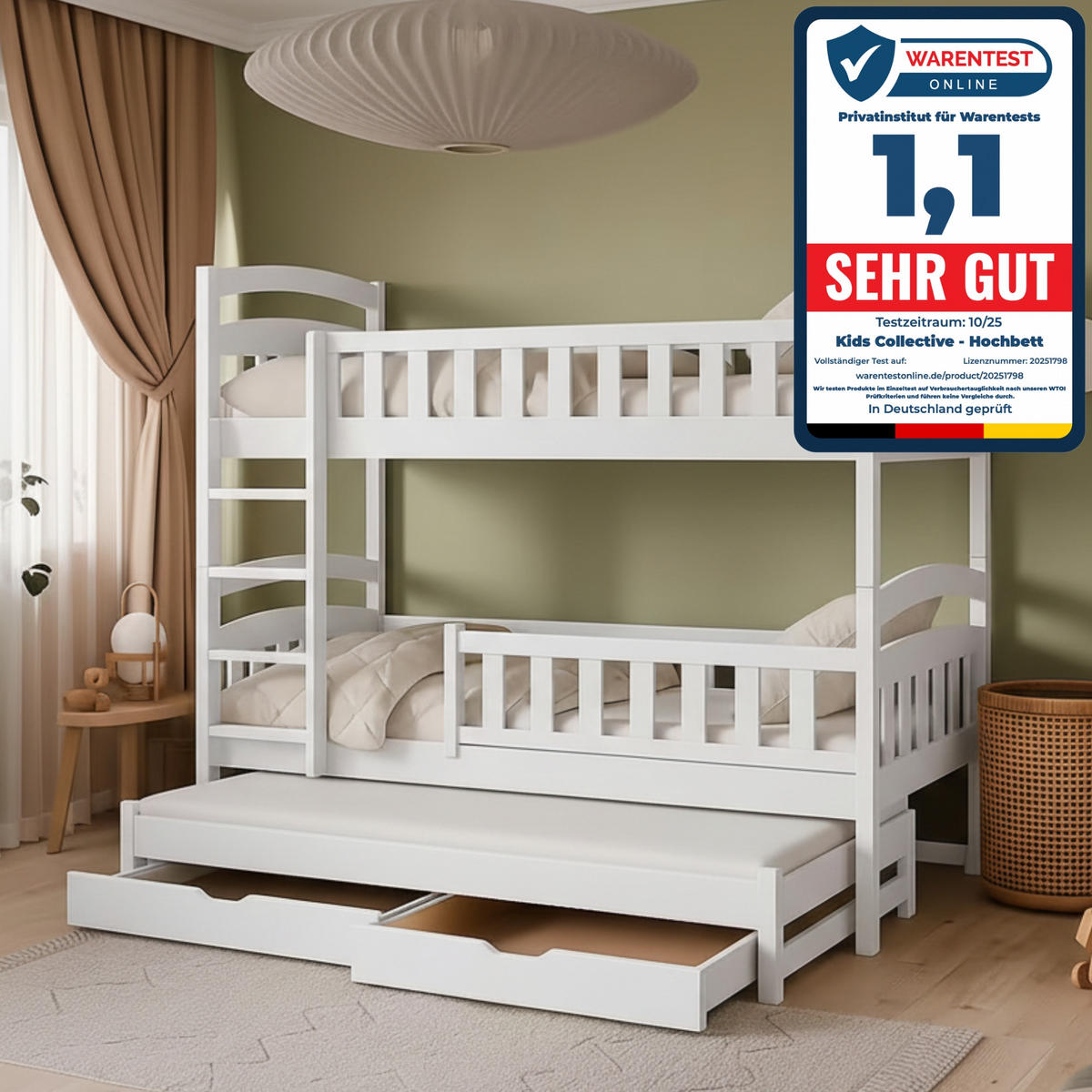 ETAGENBETT 90x200 cm mit Ausziehbett, zwei Schubladen & drei Matratzen in Weiß - Weiß, Holz (90/200cm) - Kids Collective