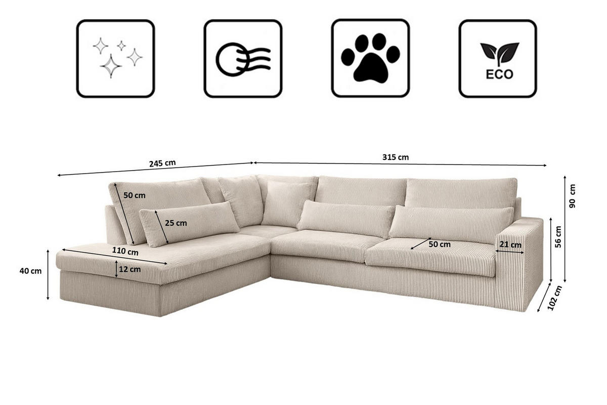 ECKSOFA L-Form SVEN Stoff Poso Beige Links - Beige, Textil (315/245cm) - Kaiser Möbel
