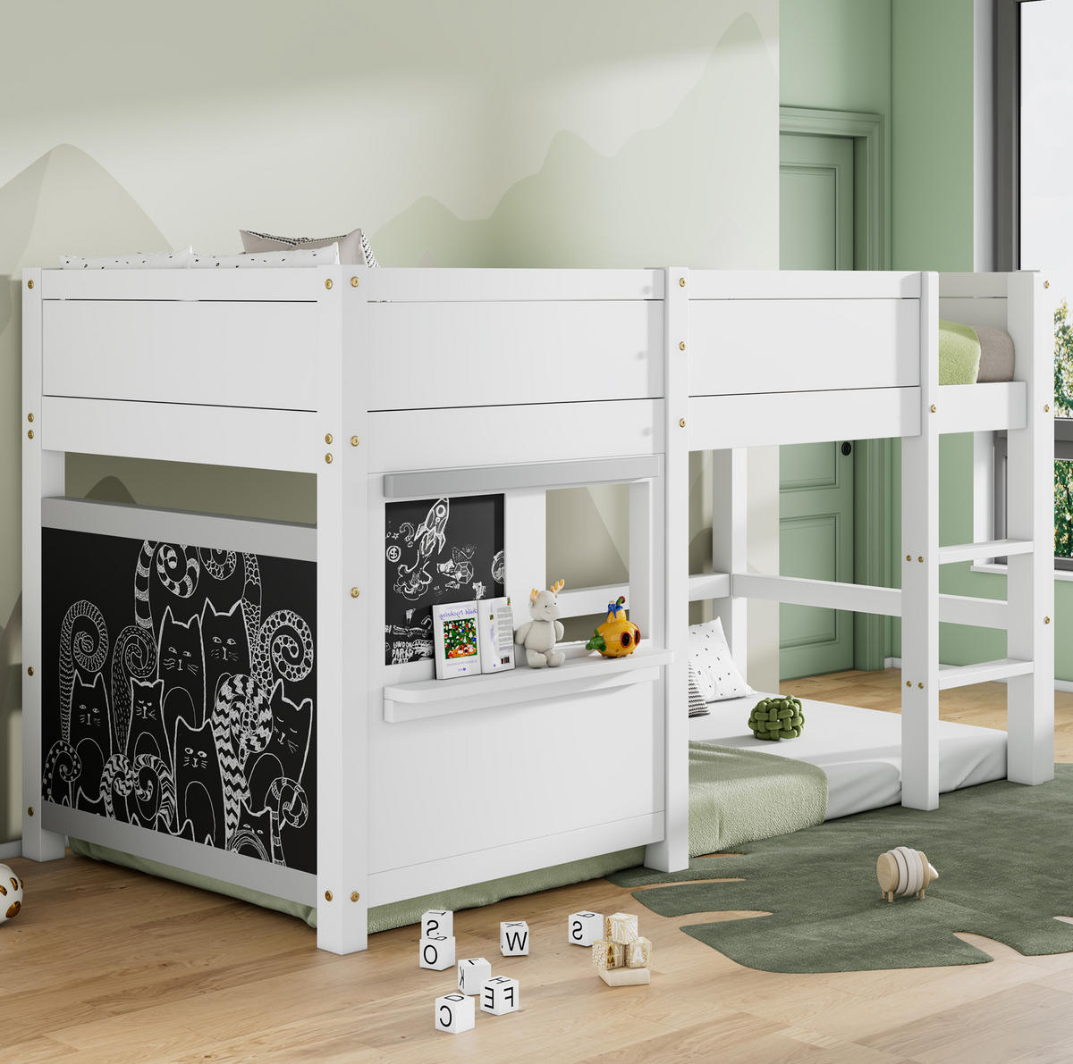 ETAGENBETT 90/200 cm Weiß Spielbett mit Tafel und Ablage - Weiß, Holz (90/200cm) - OKWISH