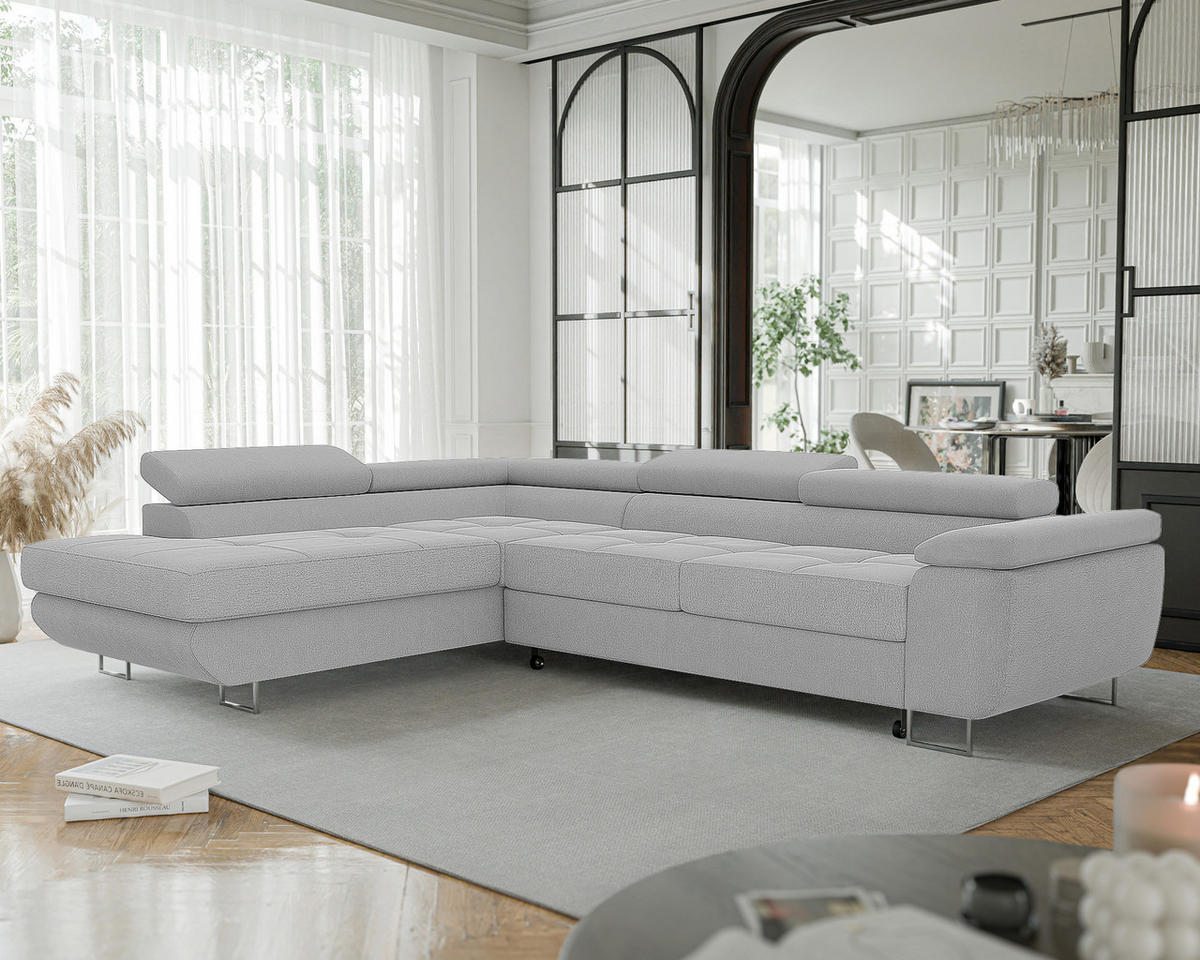 ECKSOFA ANTON links, mit Schlaffunktion und Bettkasten Hellgrau - Hellgrau, Holzwerkstoff/Kunststoff (274/203cm) - Idohome