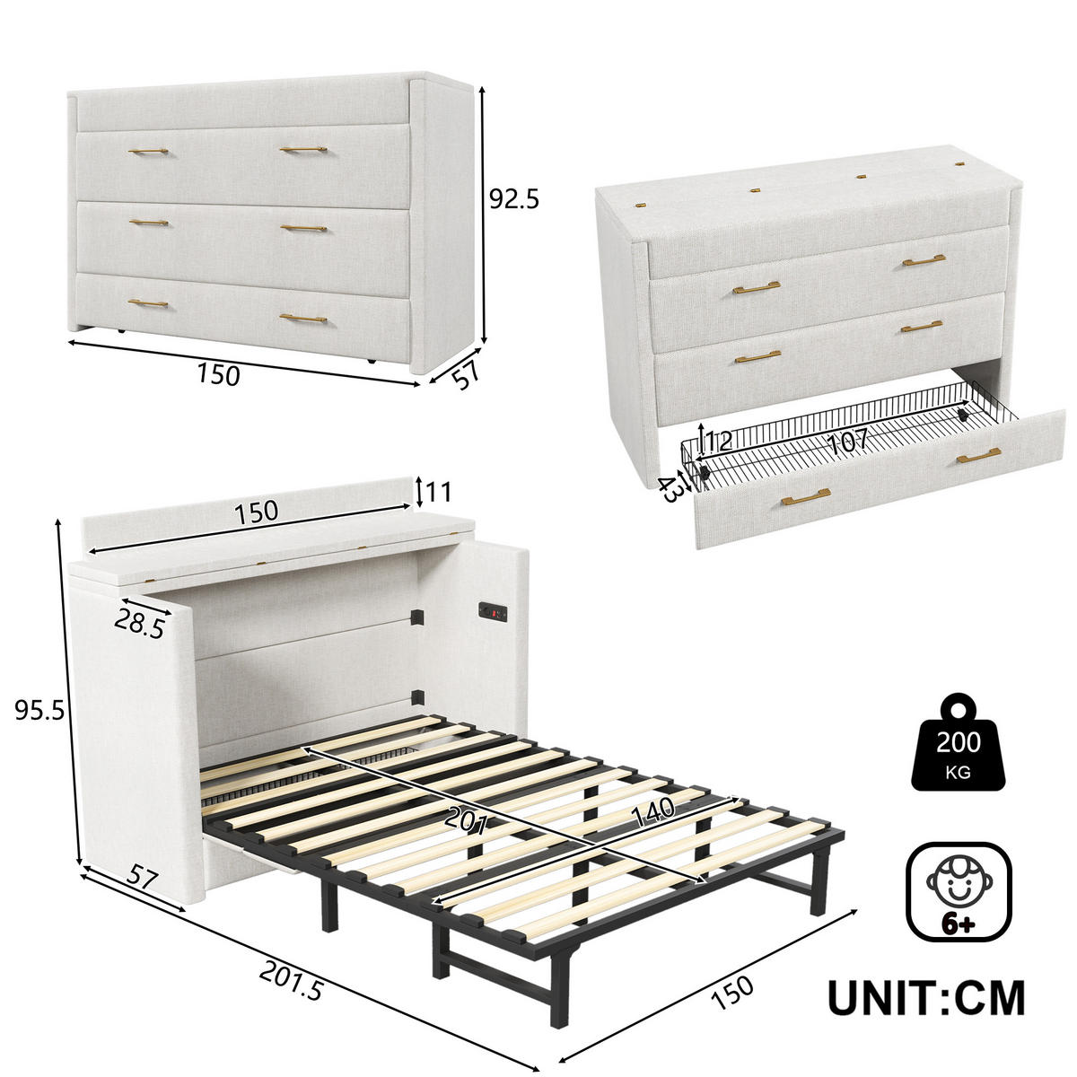 SCHRANKBETT 140/200 cm DE-04949, mit USB+Typ-C, Schublade und Ablagefach in Beige - Beige, Holzwerkstoff (140/200cm) - ComfortXL