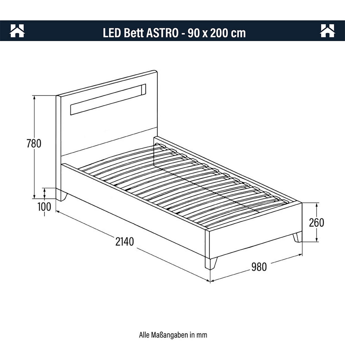 LED BETT ASTRO - Weiß, 90 x 200 cm - Weiß, Kunststoff - Home Deluxe