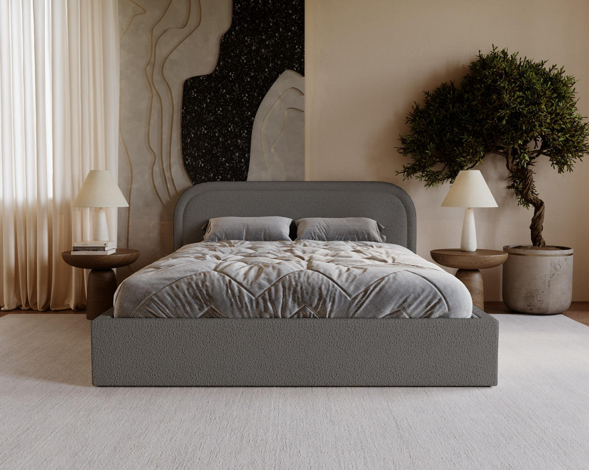 DOPPELBETT 200x200 Dune mit Bettkasten, runde Kopfteil, Bouclé, Dunkelgrau - Dunkelgrau, Holz/Textil (200/200cm) - Emporius