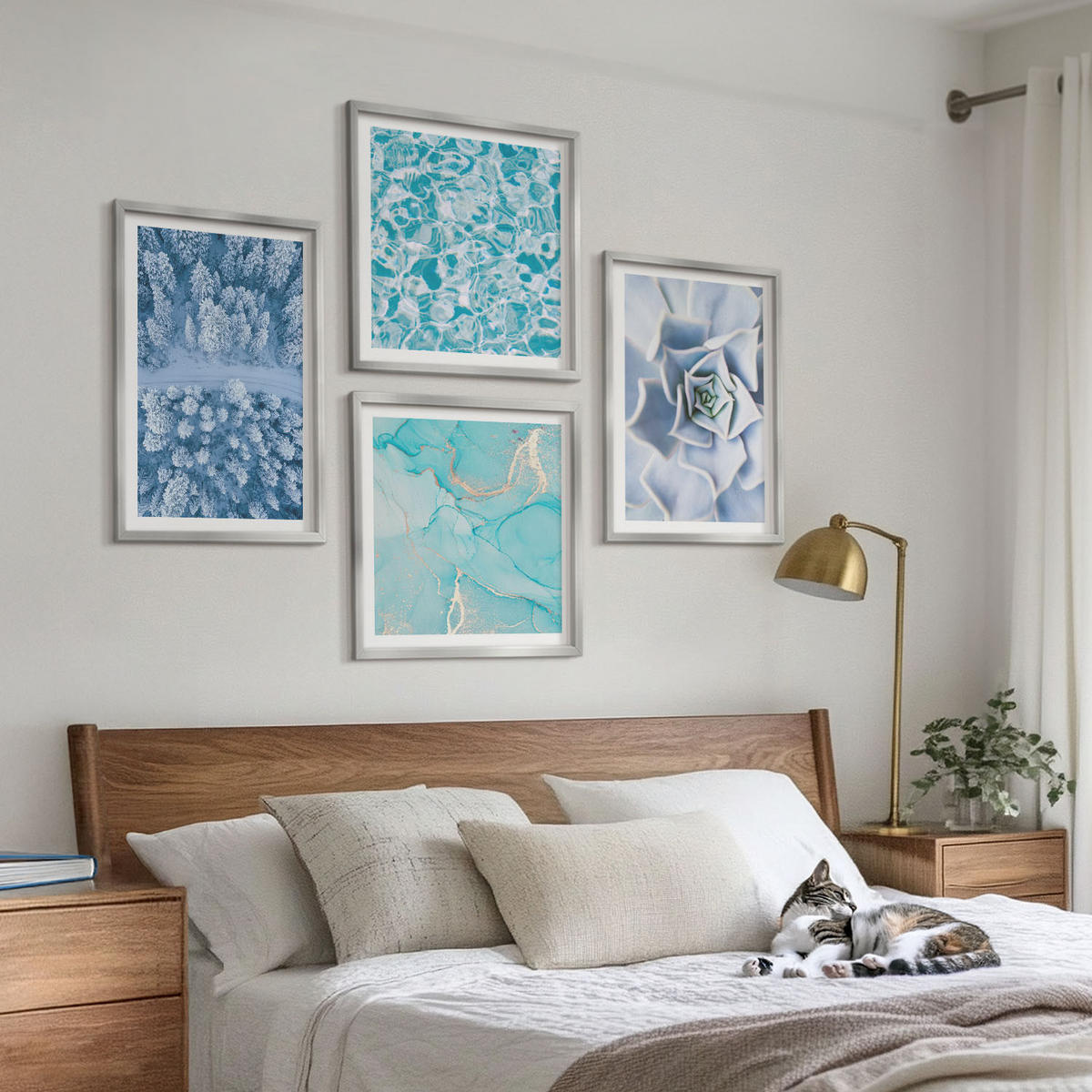 BILDER SET 4er Set - 50x50 cm & 40x60 cm Silberner Rahmen - Winterwald-Blaublume - Silberfarben, Kunststoff (50/50cm) - TULUP