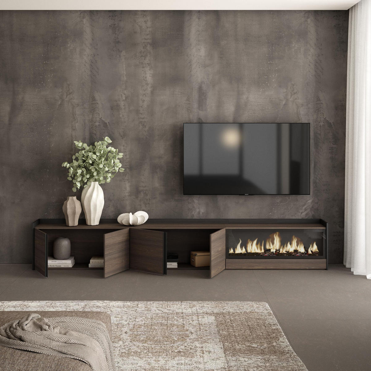 LOWBOARD, Dunkler Eiche und Schwarz, 315/35/50cm, Kamin mit Feuereffekt XXL - Dunkelbraun, Holzwerkstoff (315/50/35cm) - Skraut Home