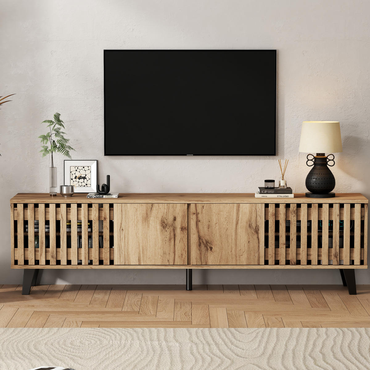 TV-SCHRANK aus Spanplatte 180x40x55 cm Naturholzfarben mit 8 Fächern, 4 Türen und offener Ablage - Hellbraun, Holzwerkstoff (180/55/40cm) - Modfu