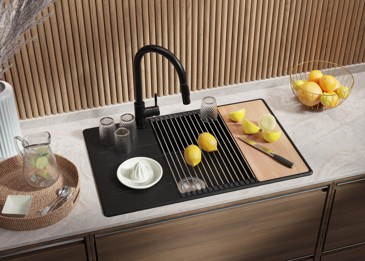 SPÜLBECKEN Kopenhagen, 2-er set Schwarz Metallic 78/50 cm 1 Becken + Ablauf-Set + Schneidebrett ab 60er Unterschrank - Chromfarben/Schwarz Hochglanz, Kunststoff (78/20/50cm) - Primagran