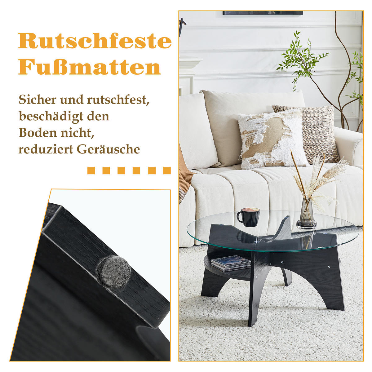 COUCHTISCH 80/80/36 cm Transparent Schwarz aus Sicherheitsglas mit fächerförmigem MDF-Gestell - Schwarz, Holzwerkstoff (80/80/36cm) - OKWISH