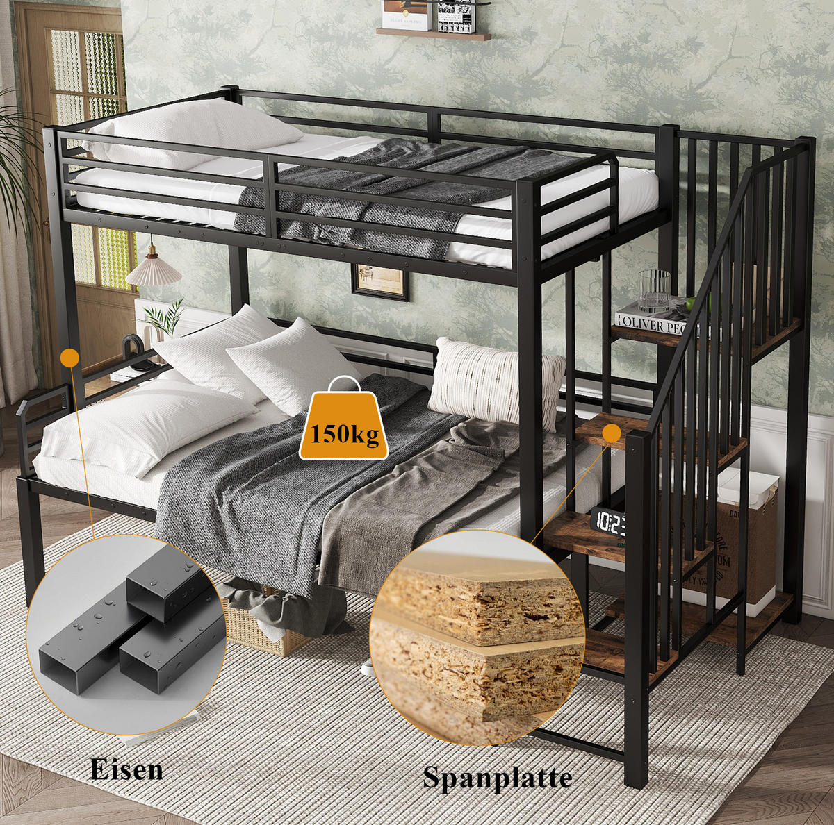 ETAGENBETT 90/120x200 cm aus Metall und MDF mit Eckleiter und Stauraum Schwarz/Vintage - Schwarz, Holzwerkstoff (90/200cm) - Modenvie