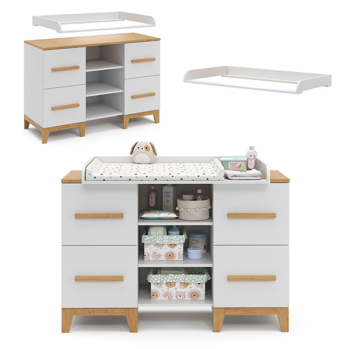 WICKELKOMMODE Malia Weiß 133 x 98 cm XL mit 4 Schubladen - Eichefarben/Weiß, Holzwerkstoff (133/108/70cm) - VitaliSpa