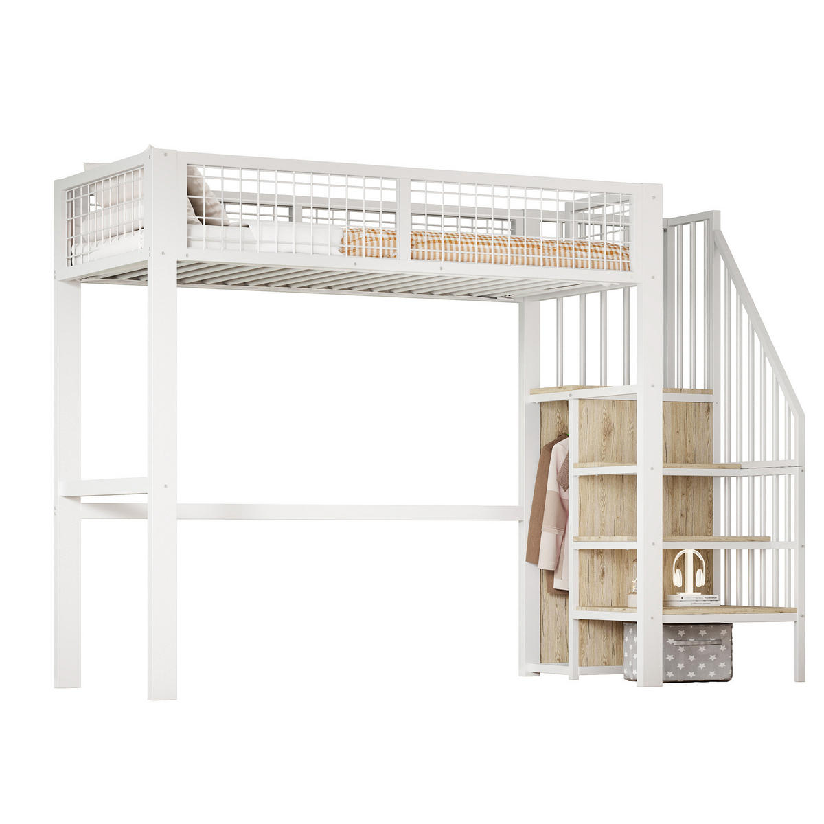 HOCHBETT 90/200 cm Weiß mit Sicherheitsleiter und Kleiderschrank mit Matratze - Weiß, Metall (90/200cm) - OKWISH