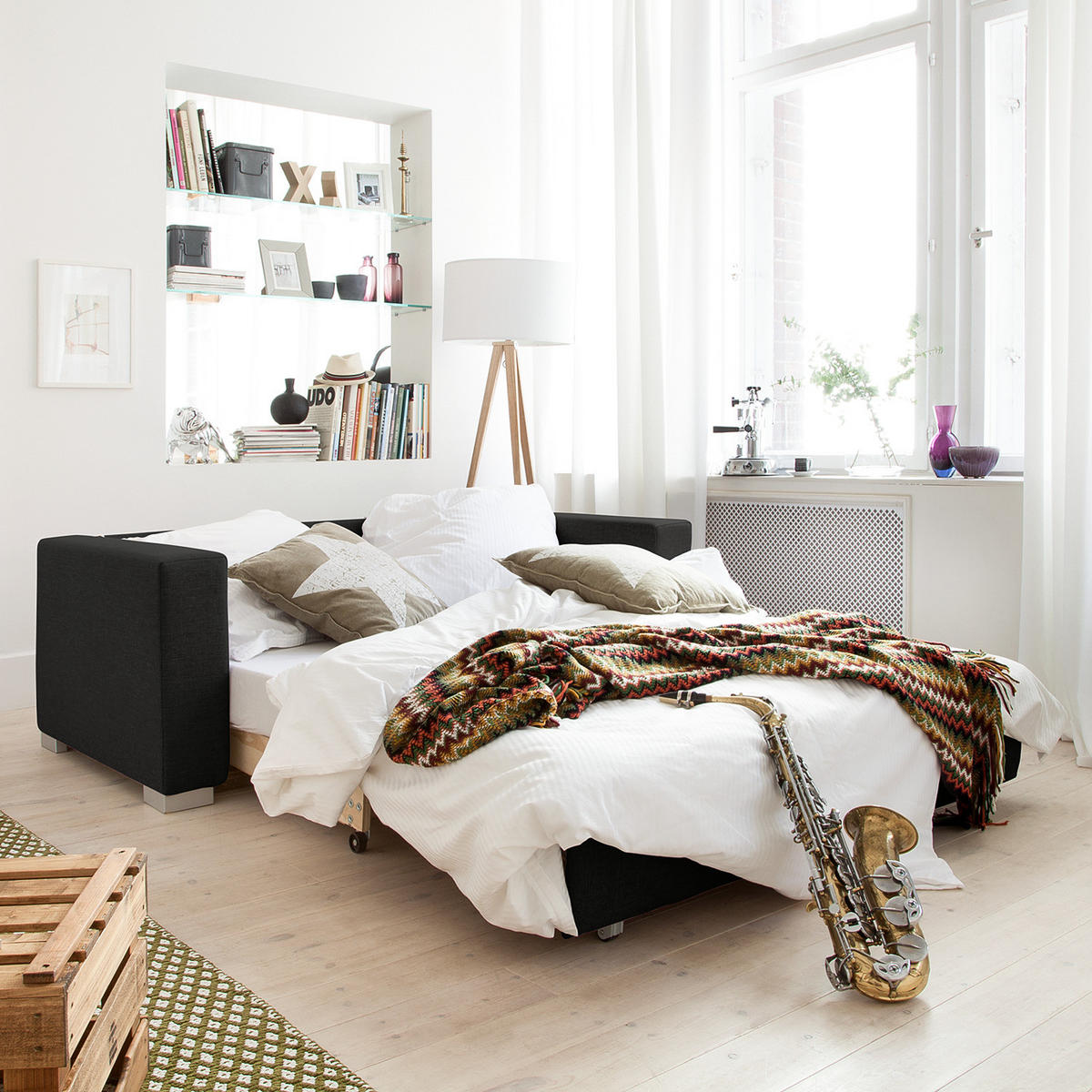 SCHLAFSOFA - Silberfarben/Schwarz, Textil (173/90/90cm) - home24