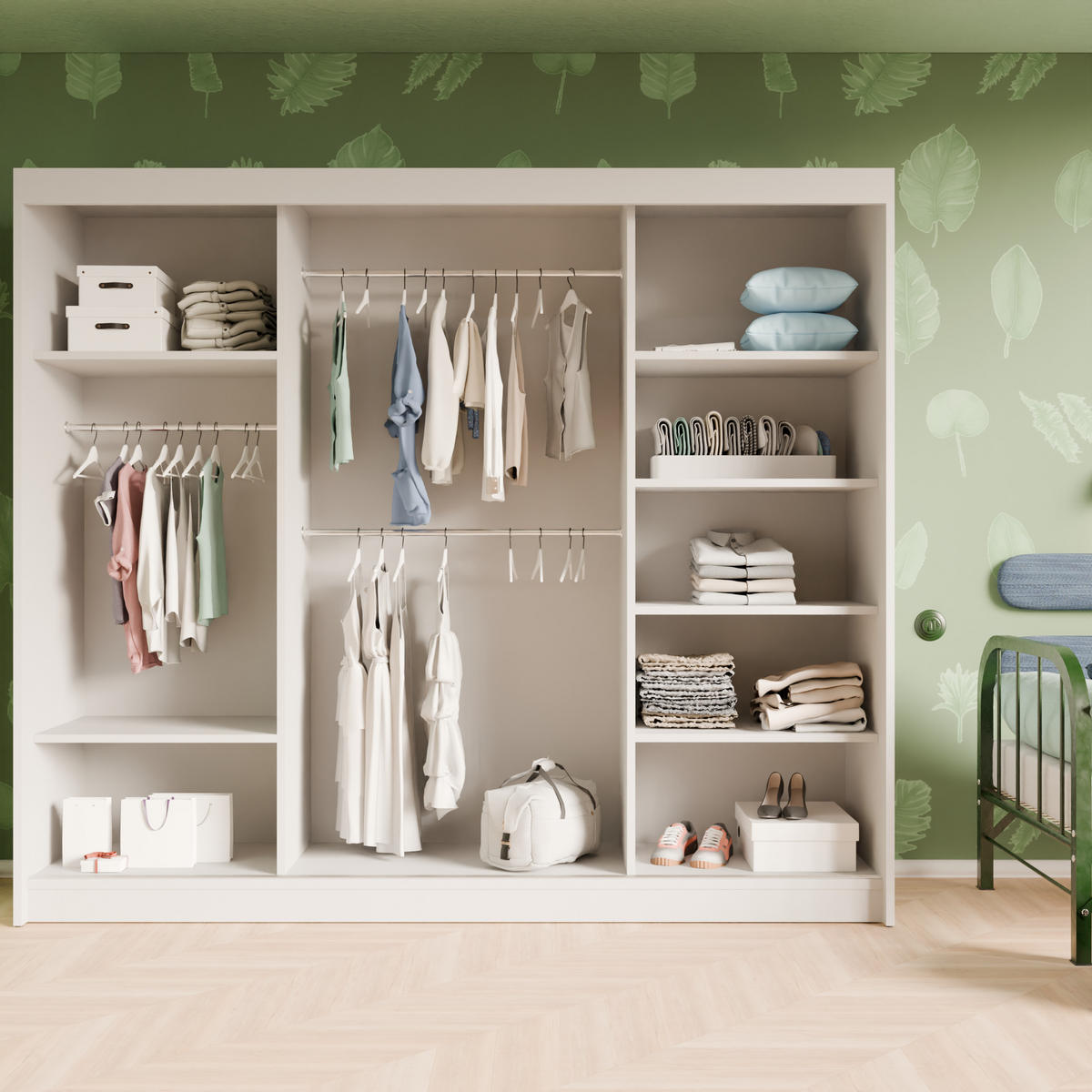 SCHIEBETÜRENSCHRANK LAMELIS - Eiche Wotan/Weiß, Holzwerkstoff (250/215/61cm) - Meblini