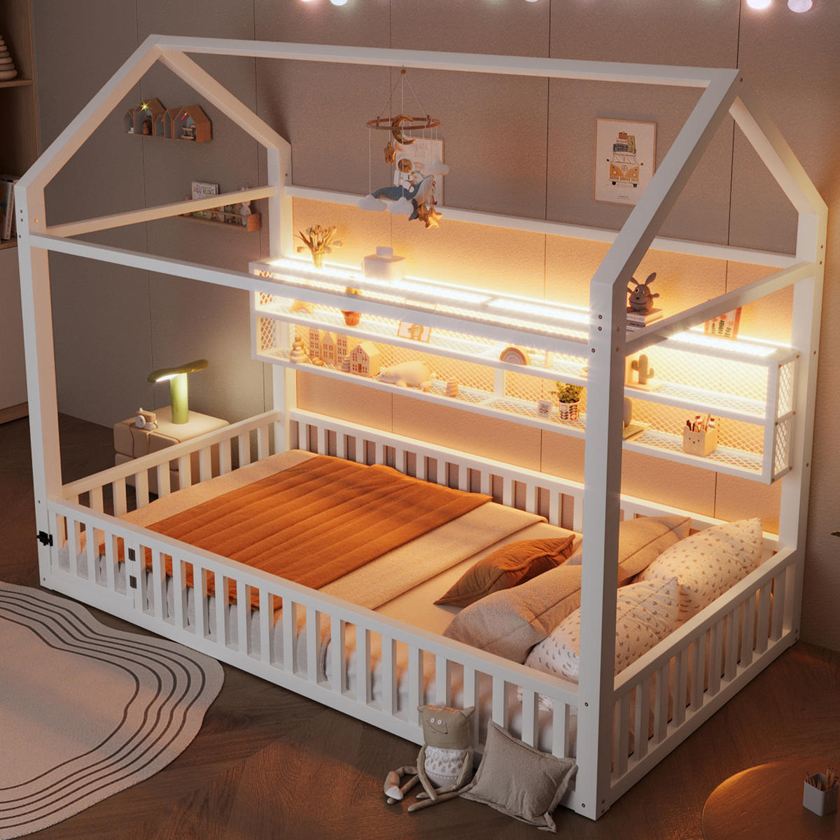 HAUSBETT 90/200 cm weiß aus Metall mit LED-Beleuchtung und Sicherheitszaun - Weiß, Metall (90/200cm) - OKWISH